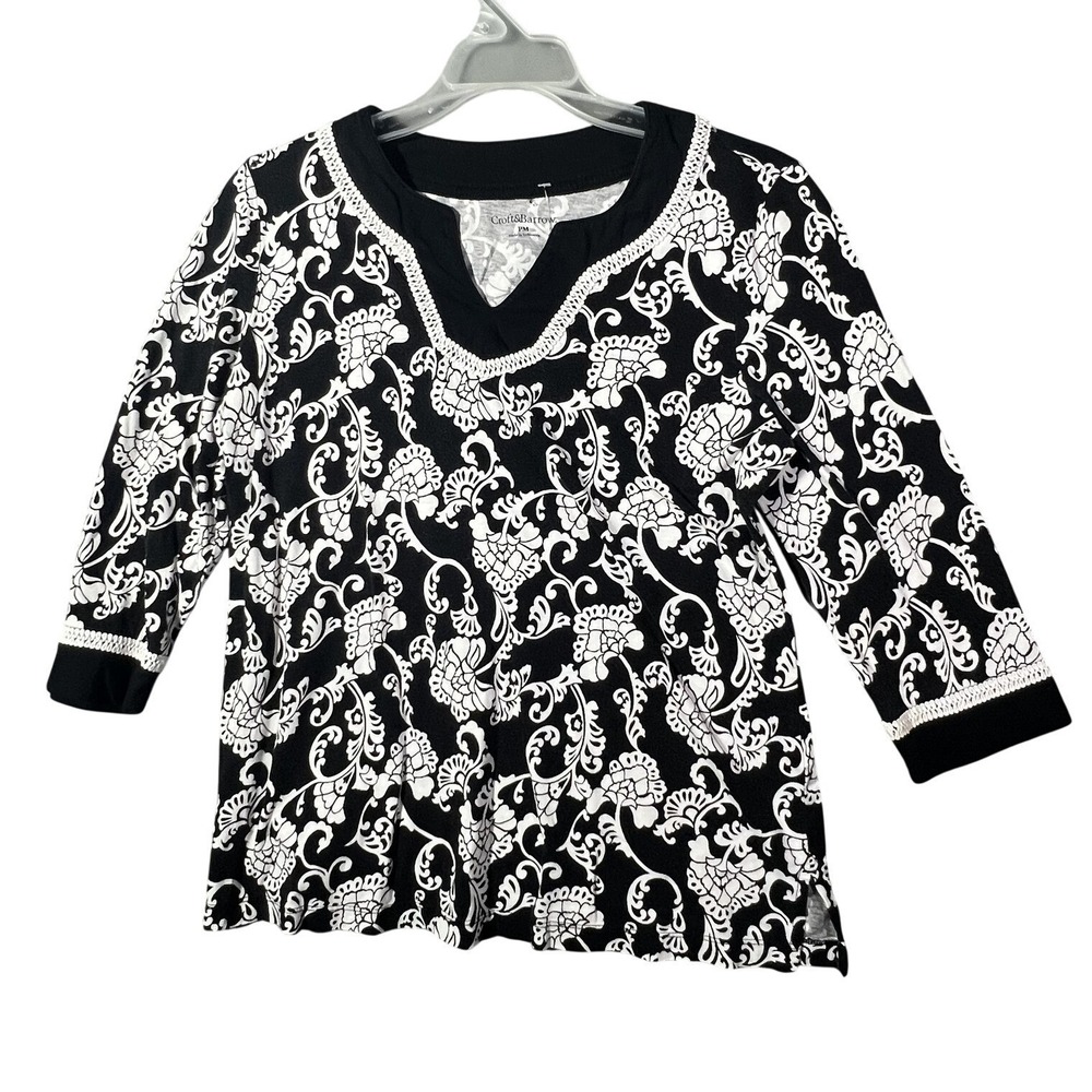 Croft‎ & Barrow Women's PM Petite Medium Black White Floral 3/4 Sleeve Knit Top